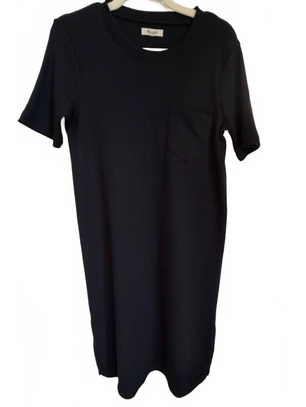 Madewell Black Ribbed Midi Sweater Dress S Crew Neck Short Sleeve Minimalist